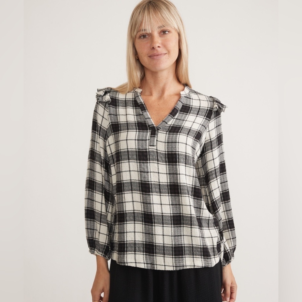 Marine Layer Jamie Gingham Ruffle Top XS black & white plaid gingham long sleeve